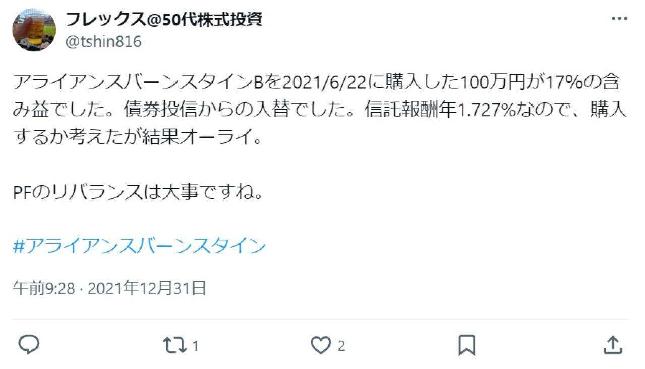 アライアンスバーンスタインBを2021/6/22に購入した100万円が17％の含み益でした。債券投信からの入替でした。信託報酬年1.727%なので、購入するか考えたが結果オーライ。