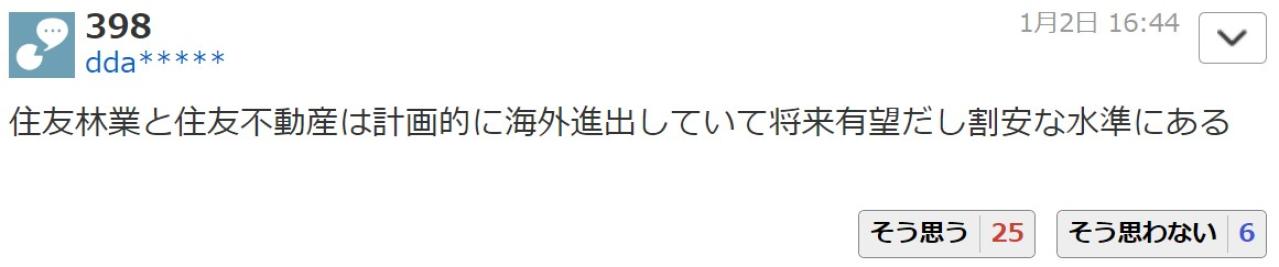 住友林業と住友不動産は計画的に海外進出していて将来有望だし割安な水準にある