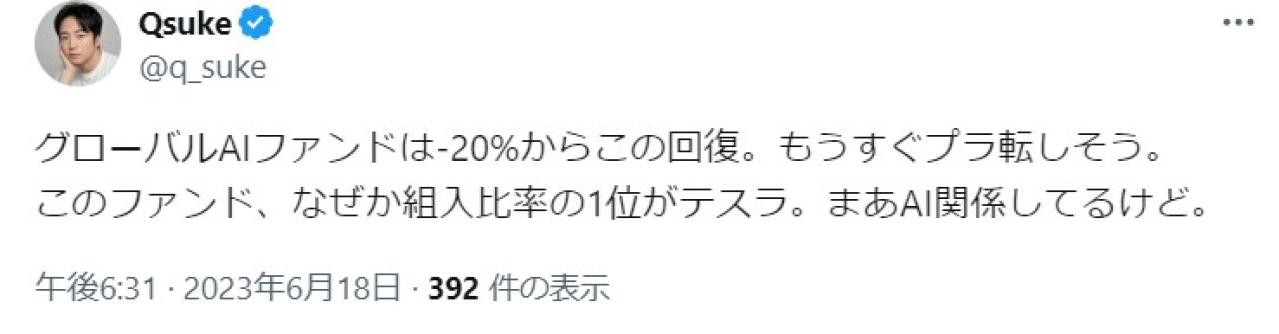 グローバルAIファンドは-20%からこの回復。もうすぐプラ転しそう。 このファンド、なぜか組入比率の1位がテスラ。まあAI関係してるけど。