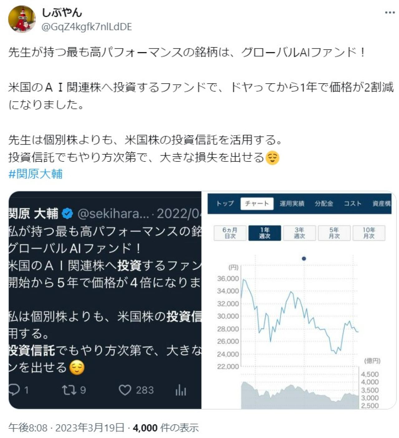 先生が持つ最も高パフォーマンスの銘柄は、グローバルAIファンド！ 米国のＡＩ関連株へ投資するファンドで、ドヤってから1年で価格が2割減になりました。 先生は個別株よりも、米国株の投資信託を活用する。 