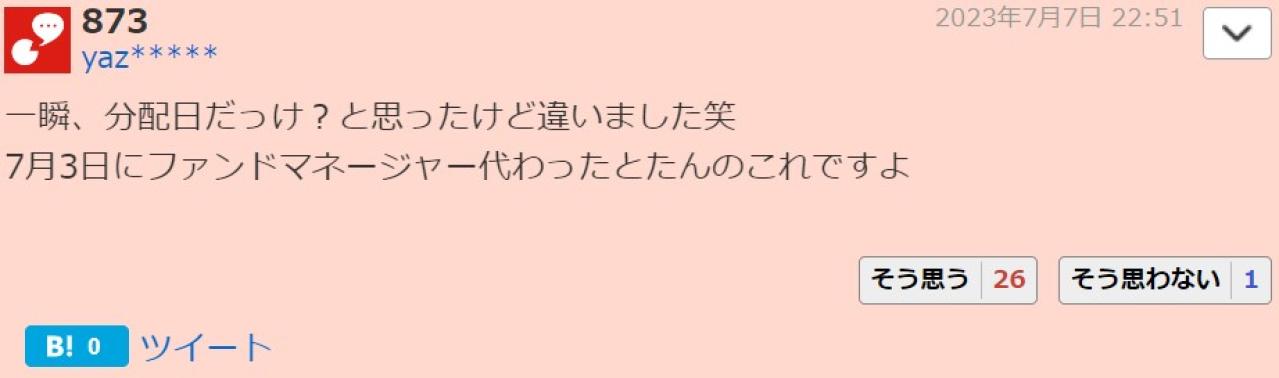 一瞬、分配日だっけ？と思ったけど違いました笑7月3日にファンドマネージャー代わったとたんのこれですよ