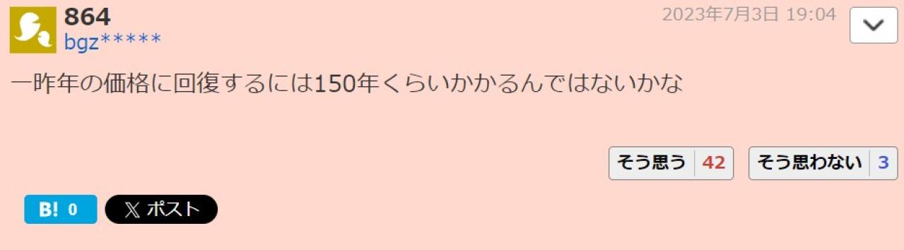 一昨年の価格に回復するには150年くらいかかるんではないかな